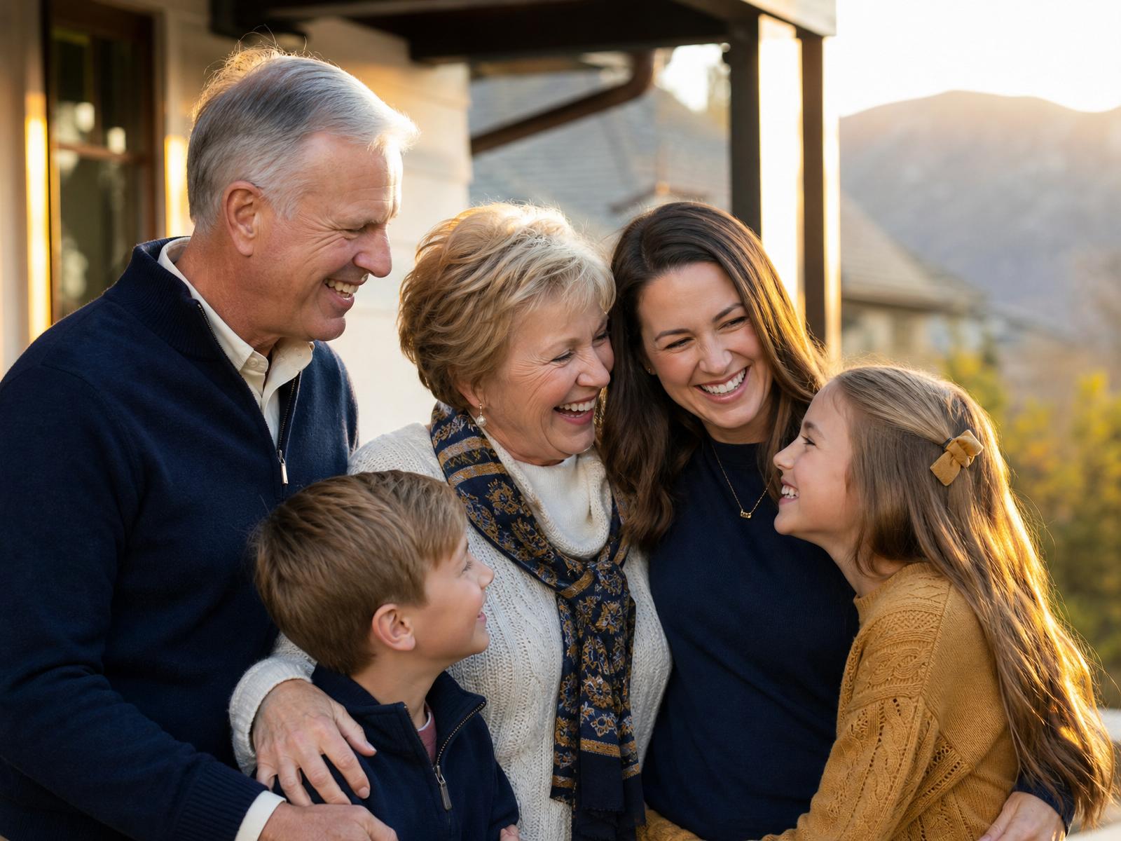 Happy Utah senior couple with their adult daughter and grandchildren at home in golden hour light